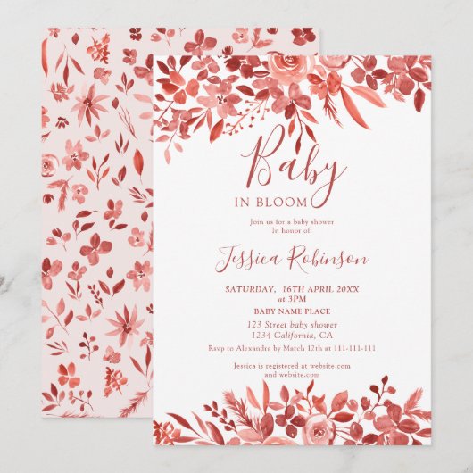 Boho florale terracotta waterverf baby shower kaart (Voorkant / Achterkant)