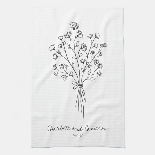 Boho Flower Line Art Drawing Personalized Wedding Theedoek (Verticaal)