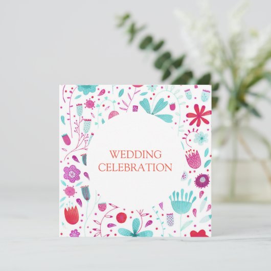 Boho Flower Meadow Waterverf Blauwgroen Weddenscha Kaart (Staand voorkant)