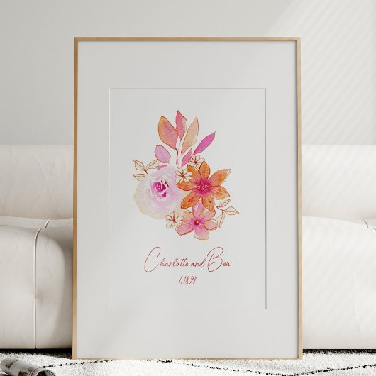 Boho Flower Pink Watercolor Personalized Wedding Poster