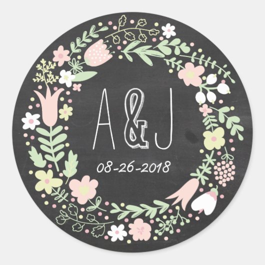 Boho Flower Wreath Rustic Chalkboard Wedding Ronde Sticker (Voorkant)