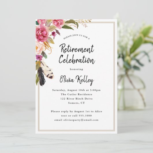 Boho Flowers and Feathers Rustiek Pensioenfeest Kaart (Staand voorkant)