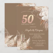 Boho Flowers,Champagne Glass,Terracotta 50th Kaart (Voorkant / Achterkant)