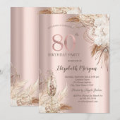 Boho Flowers, Champagneglas, Roos Gold 80th Kaart (Voorkant / Achterkant)