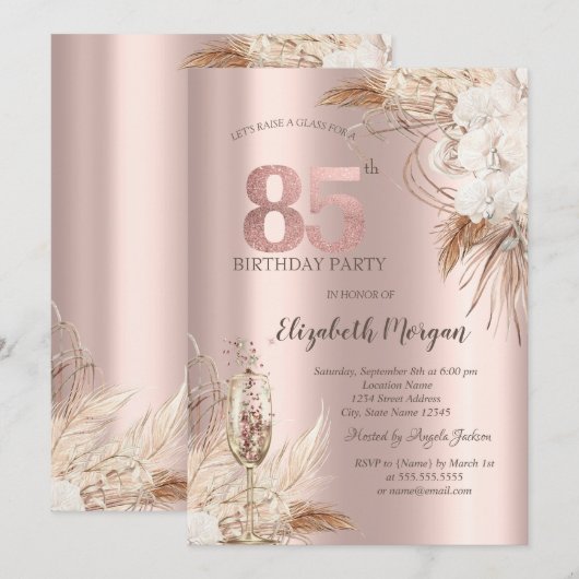 Boho Flowers, Champagneglas, Roos Gold 85th Kaart (Voorkant / Achterkant)