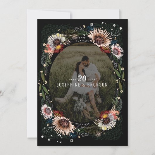 Boho Flowers Foto Zwart Save The Date (Voorkant)