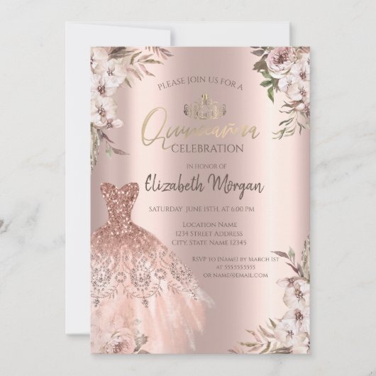 Boho Flowers Jurk Roos Gold Quinceanera Kaart (Voorkant)