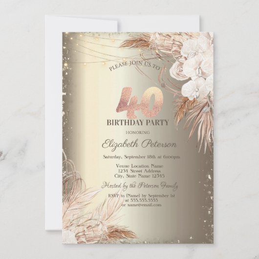 Boho Flowers,Lights Glitter Frame Gold 40th  Kaart (Voorkant)