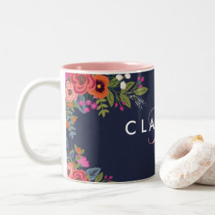 Boho Flowers - Navy Blue met roze monogram Tweekleurige Koffiemok