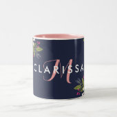 Boho Flowers - Navy Blue met roze monogram Tweekleurige Koffiemok (Center)