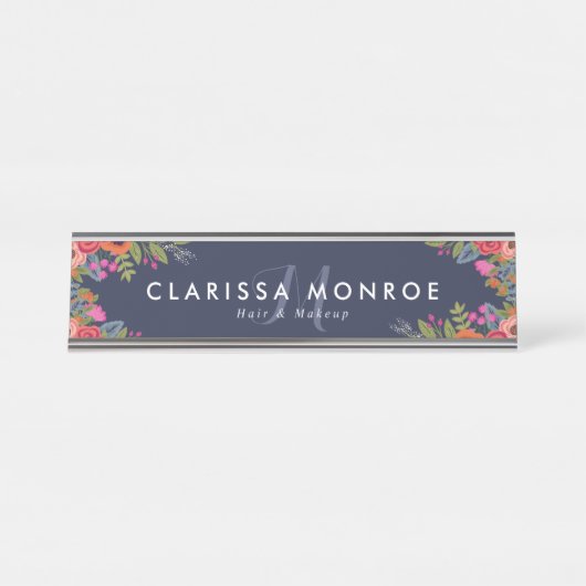 Boho Flowers - Navy Blue - Monogram Bureau Naambordje (Voorkant)