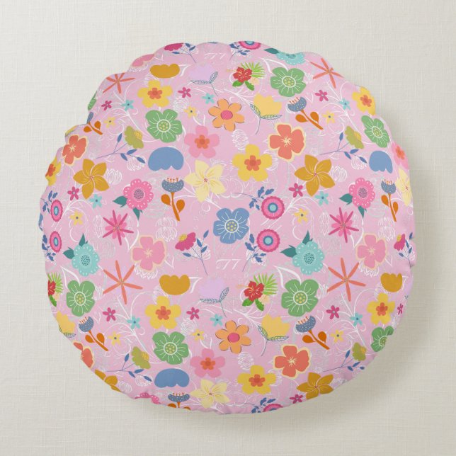 Boho Flowers Pattern B01.w LPink BG Rond Kussen (Voorkant)