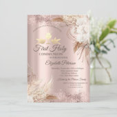 Boho Flowers Roos First Holy Communion Kaart (Staand voorkant)