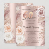 Boho Flowers Roos Gold 60th Birthday Invitation Kaart (Voorkant / Achterkant)