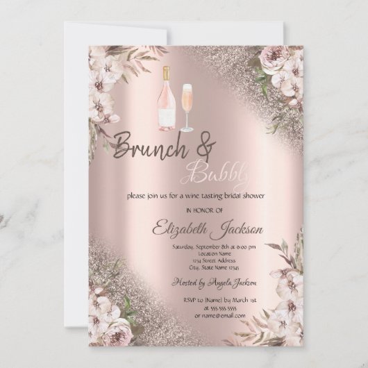 Boho Flowers Roos Gouden Glitter Brunch & Bubbly Kaart (Voorkant)