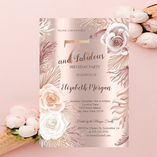 Boho Flowers Rose Gold 75e anniversaire Invitation