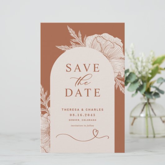 Boho Flowers Terracotta Arch Save the Date Card (Staand voorkant)