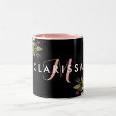 Boho Flowers - Zwart met roze monogram Tweekleurige Koffiemok (Center)