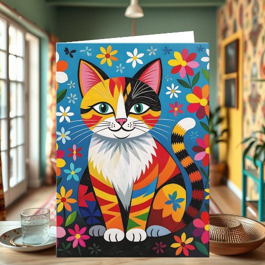Boho Folk Art Cat, Flowers & Butterfly Birthday Kaart