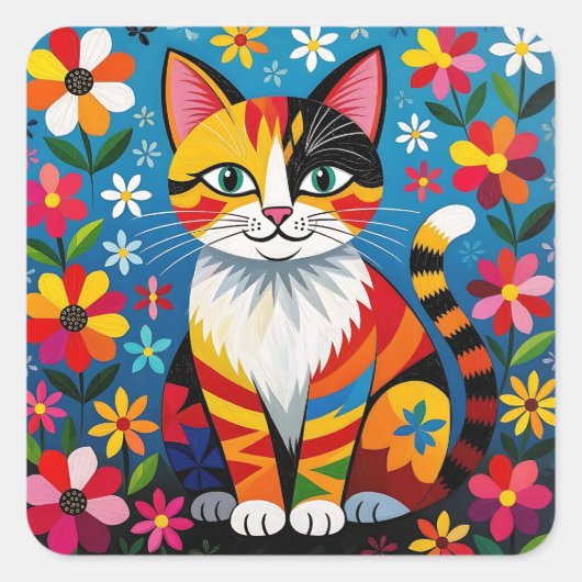 Boho Folk Art Cat, Flowers & Butterfly Vierkante Sticker (Voorkant)
