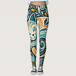 Boho Folk Art Kat en Bloem Motief Leggings