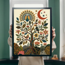 Boho Folk Art Levensboom Pauw Himmelse Poster
