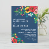 Boho Folk Boeket - Deep Blue & Red Bruiloft Kaart (Staand voorkant)