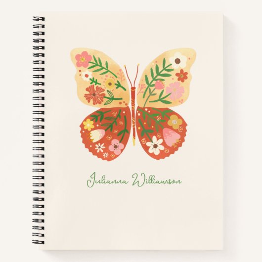 Boho Folk Floral Butterfly Personalized Name Notitieboek (Voorkant)