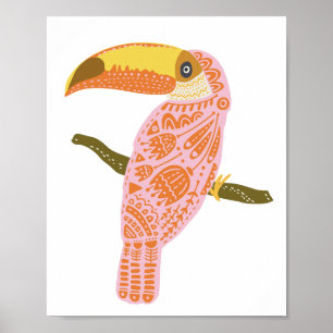 Boho Folk Floral Toucan Illustratie in Roze Poster