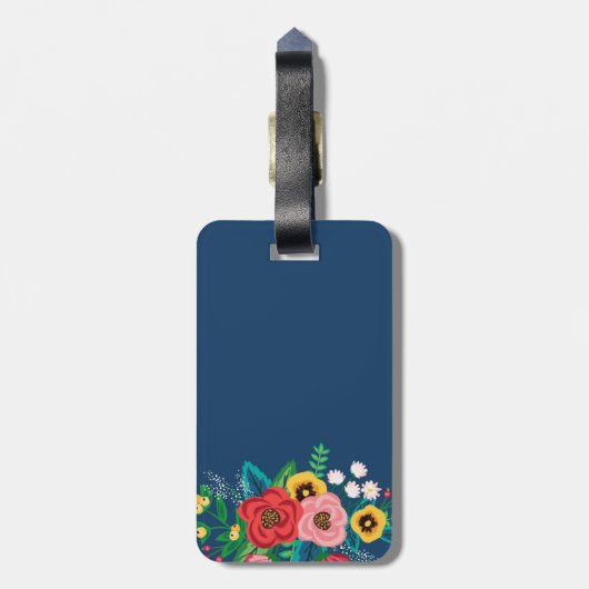Boho Folk Flowers - Deep Blue Monogram Bagagelabel (Achterkant verticaal)