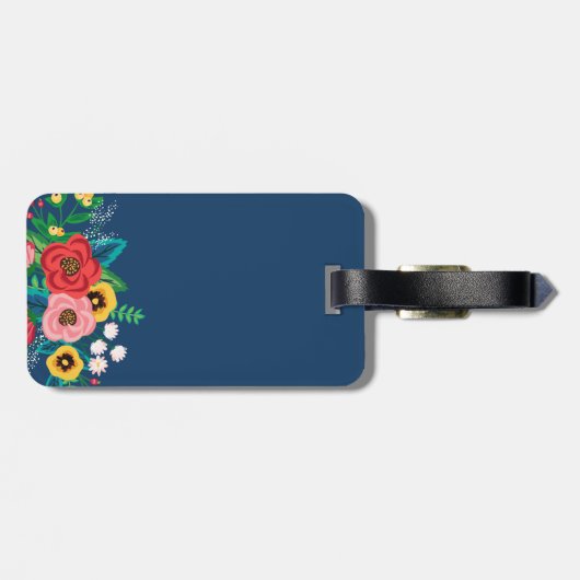 Boho Folk Flowers - Deep Blue Monogram Bagagelabel (Achterkant horizontaal)