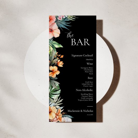 Boho foncé Tropical Floral Mariage Bar Menu