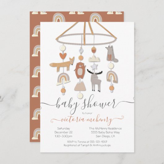 Boho Forest Animals Mobile Baby shower Invitation Kaart (Voorkant / Achterkant)