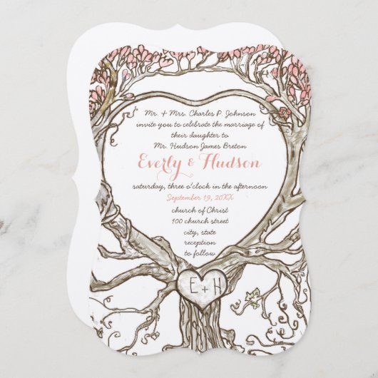 Boho Forest Heart Shaped Tree Initialen in boomsta Kaart (Voorkant / Achterkant)
