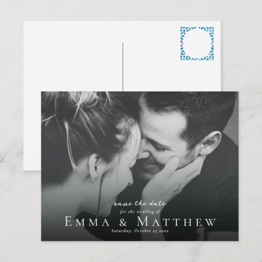 Boho Foto bewaart de datum met Marokkaanse blauwe Briefkaart (Voorkant / Achterkant)