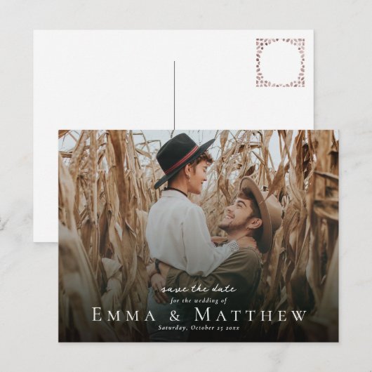 Boho Foto bewaart de Datum met Marokkaanse bruine  Briefkaart (Voorkant / Achterkant)