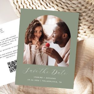 Boho-foto-boog Sage Green QR-code Save the Date Briefkaart