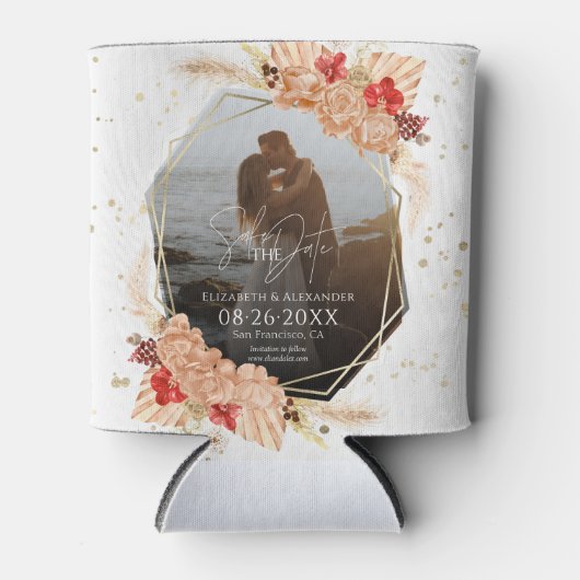 Boho Foto | Terracotta Bruiloft Save The Date Blikjeskoeler (Voorkant)