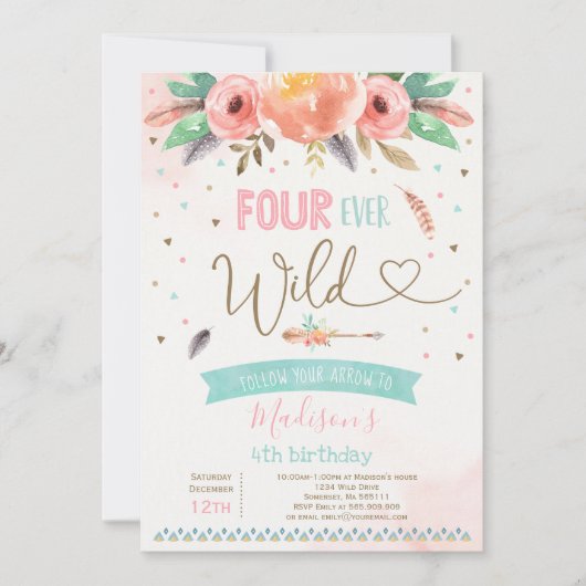 Boho Four Ever Wild Birthday Invitation Waterverf Kaart (Voorkant)