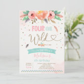 Boho Four Ever Wild Birthday Invitation Waterverf Kaart (Staand voorkant)