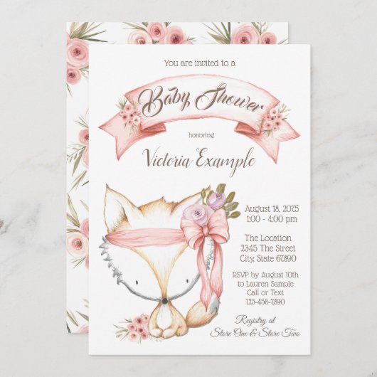 Boho Fox Baby Girl Shower Invitations (Devant / Derrière)