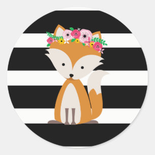 Boho Fox Black + White Stripe Baby shower Ronde Sticker