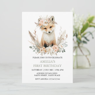 Boho Fox Girl 1st Birthday Invitation Alle leeftij Kaart