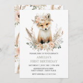 Boho Fox Girl 1st Birthday Invitation Quel âge (Devant / Derrière)