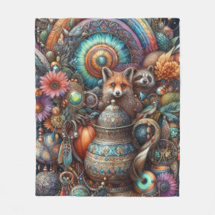 Boho Fox Raccoon Floral Design Fleece Deken