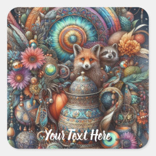 Boho Fox Raccoon Floral Design Vierkante Sticker