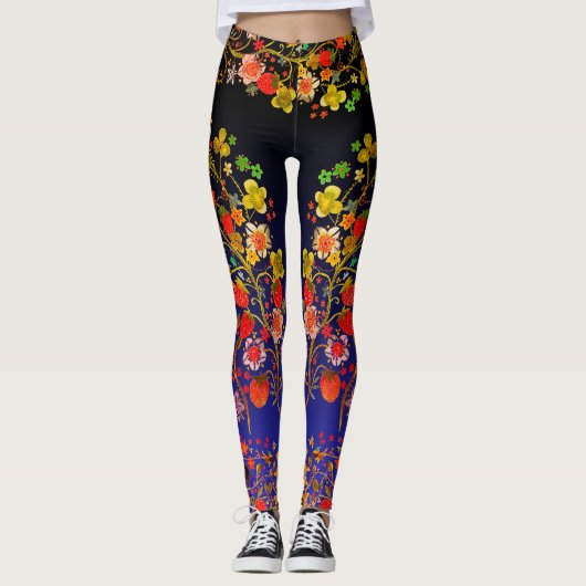 Boho fraise Floral Blue Ombre Leggings (Devant)