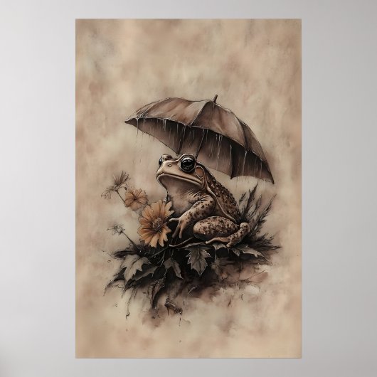 Boho Frog Under Umbrella With Fall Flowers Print (Voorkant)