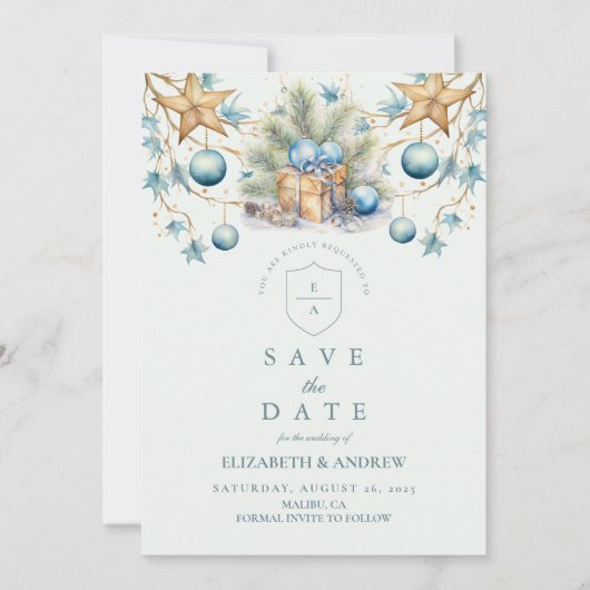 Boho Frosted Blue Pine Wedding Save The Date (Voorkant)