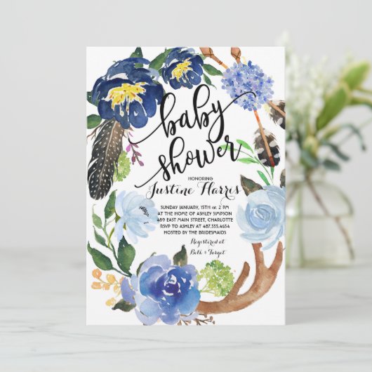Boho garçon plumes Baby shower Invitation (Debout devant)